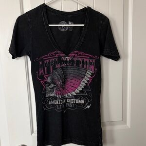 Affliction Black Tee with Pink Skull Graphic